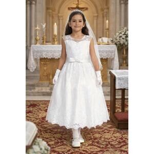 NEW Girls First Holy Communion Dress Size 7 - Corded Emb Tulle Sequin Tea-Length
